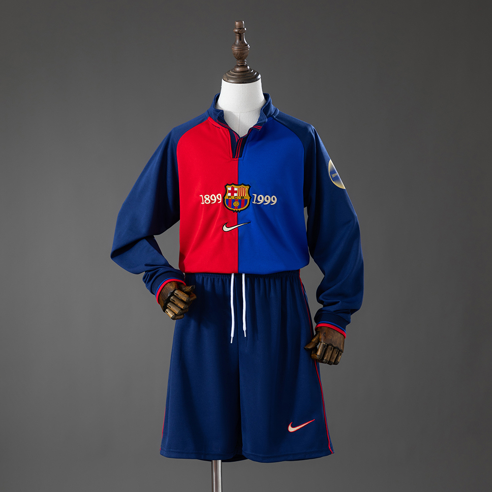 Barcelona 100th Anniversary Retro Long-Sleeve Kids Kit Jersey – Replica Football Soccer Shirt – Size 16–28