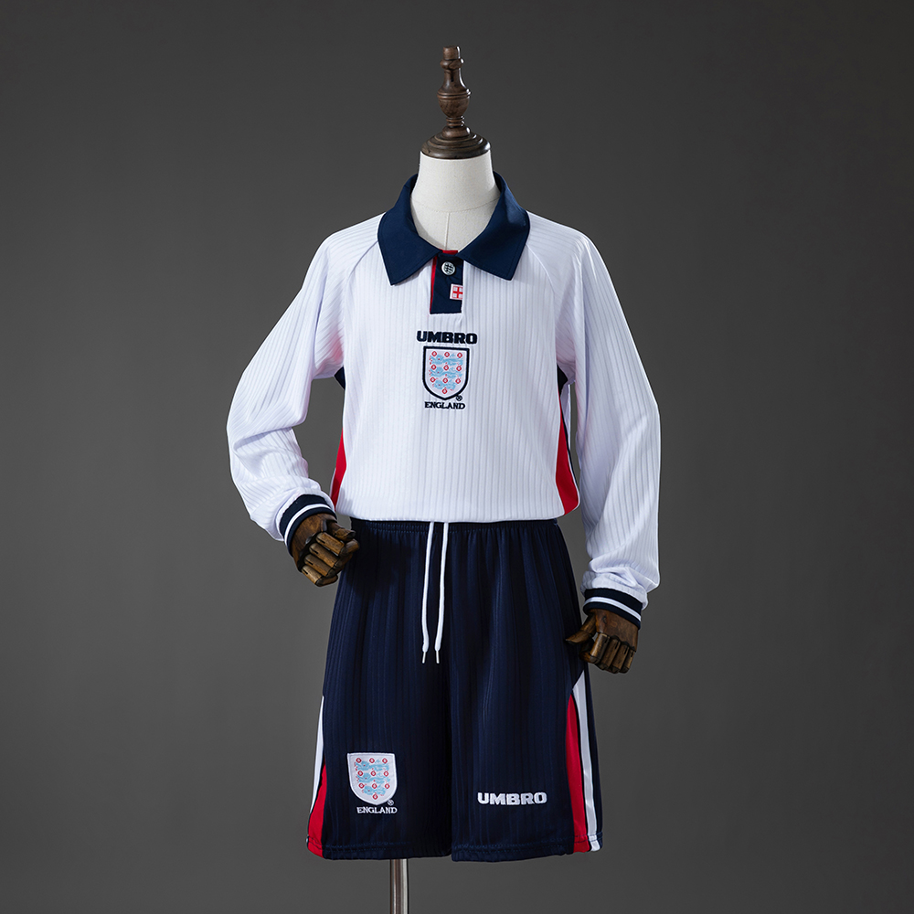 England 1998 Home Retro Long-Sleeved Kids Kit Jersey – Replica Football Soccer Shirt – Size 16–28
