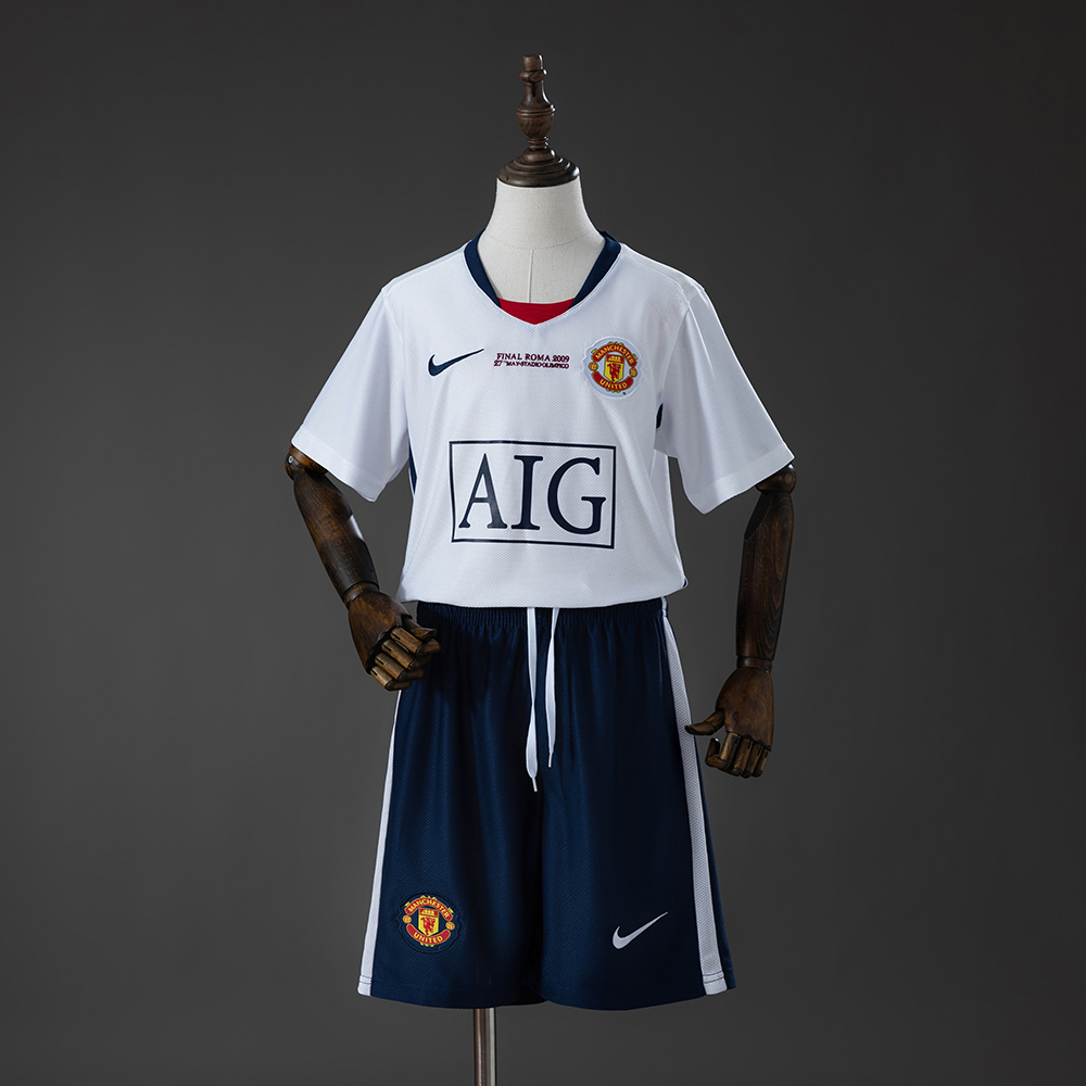 M-U 08_09 Away (UEFA Champions League) Retro Kids Kit Jersey – Replica Football Soccer Shirt – Size 16–28
