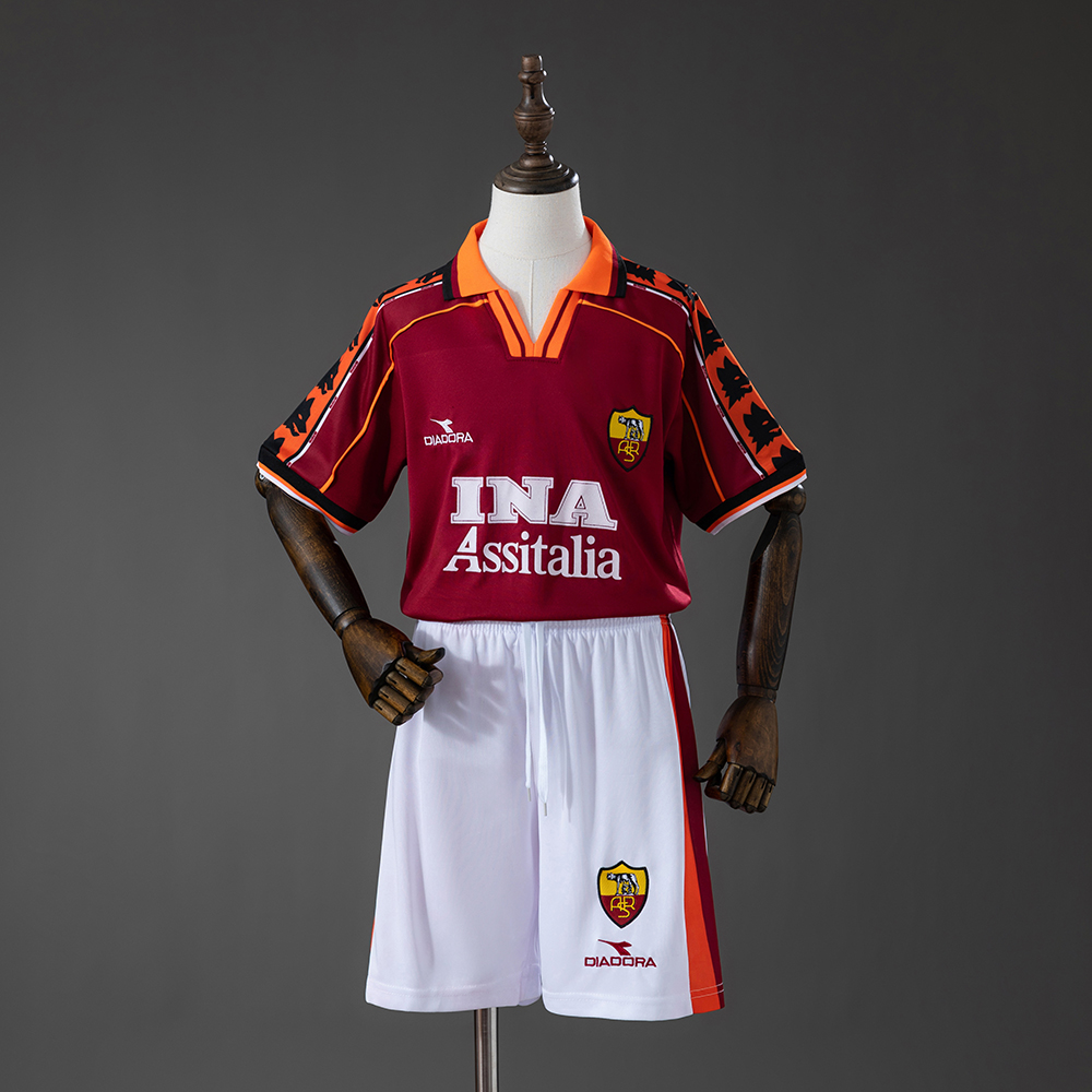 Roma 98_99 Home Retro Kids Kit Jersey – Replica Football Soccer Shirt – Size 16–28