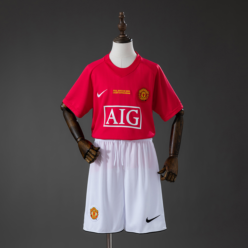 M-U 07_08 Home Retro Kids Kit Jersey – Replica Football Soccer Shirt – Size 16–28