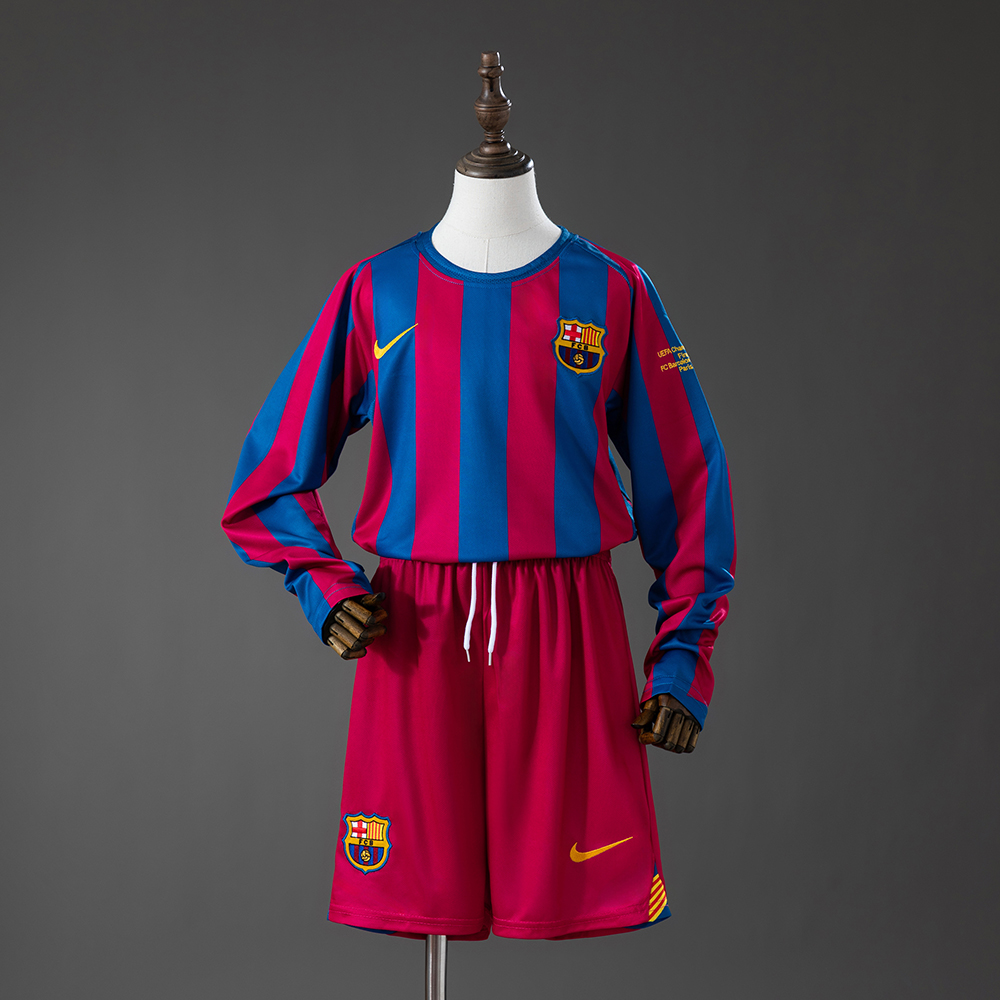 Barcelona 05_06 Home (UEFA Champions League) Retro Long Sleeve Kids Kit Jersey – Replica Football Soccer Shirt – Size 16–28