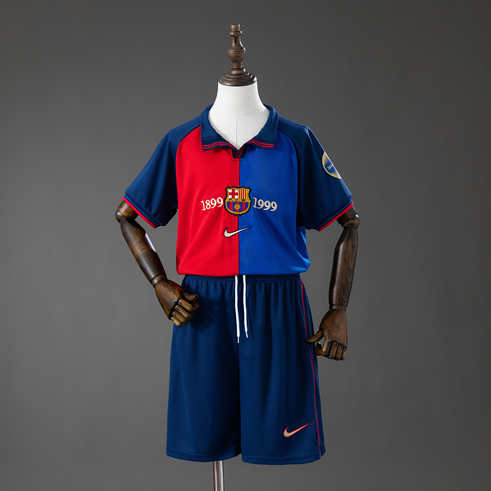 Barcelona 100th Anniversary Retro Kids Kit Jersey – Replica Football Soccer Shirt – Size 16–28