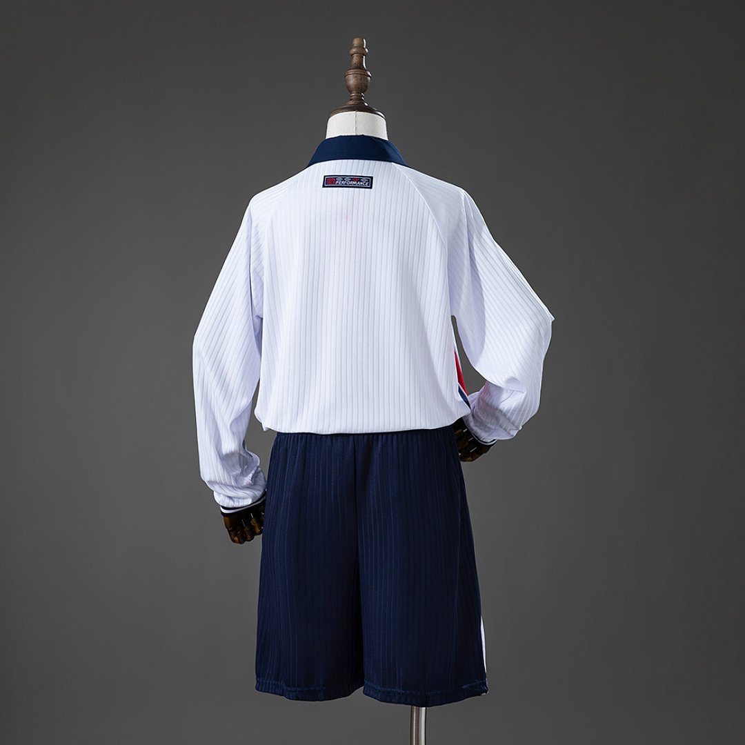 England 1998 Home Retro Long-Sleeved Kids Kit Jersey – Replica Football Soccer Shirt – Size 16–28