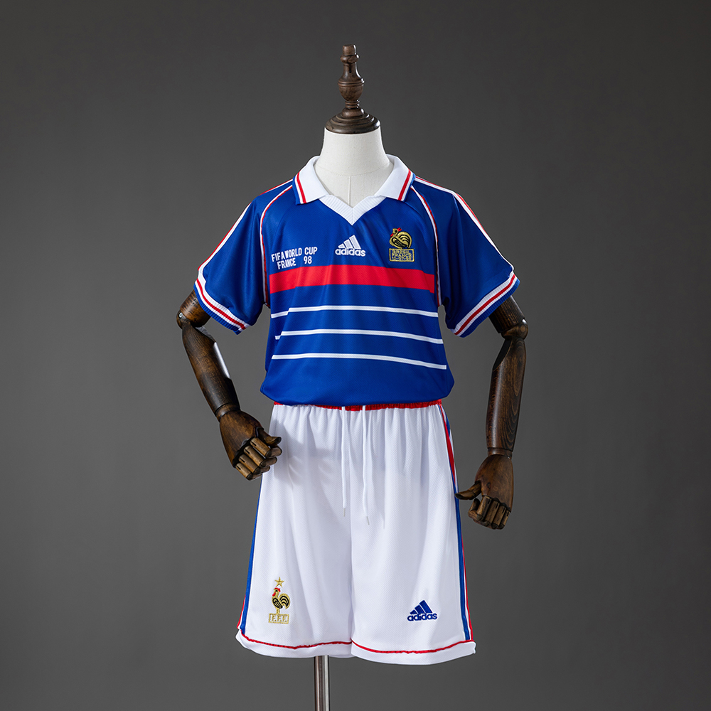 France 1998 Home Retro Kids Kit Jersey – Replica Football Soccer Shirt – Size 16–28