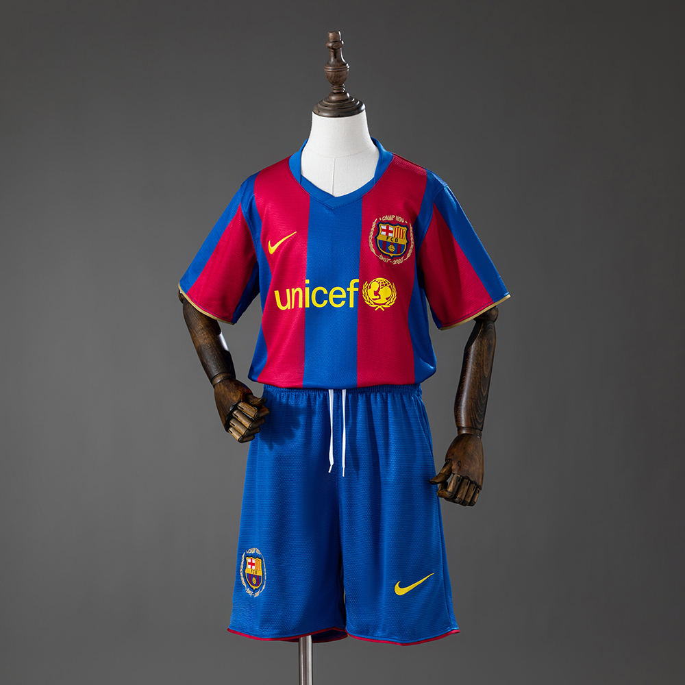 Barcelona 07_08 Home Retro Kids Kit Jersey – Replica Football Soccer Shirt – Size 16–28