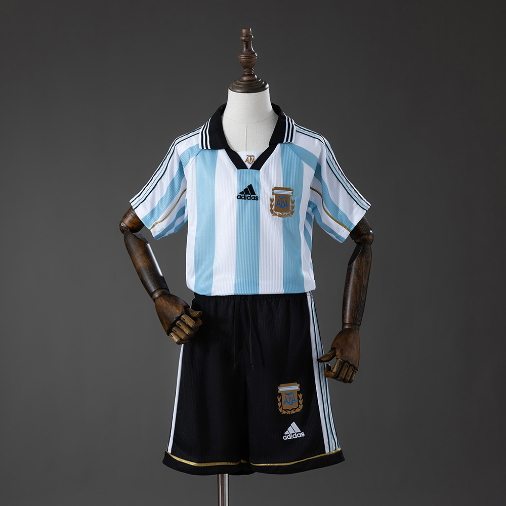 Argentina 1998 Home Retro Kids Kit Jersey – Replica Football Soccer Shirt – Size 16–28