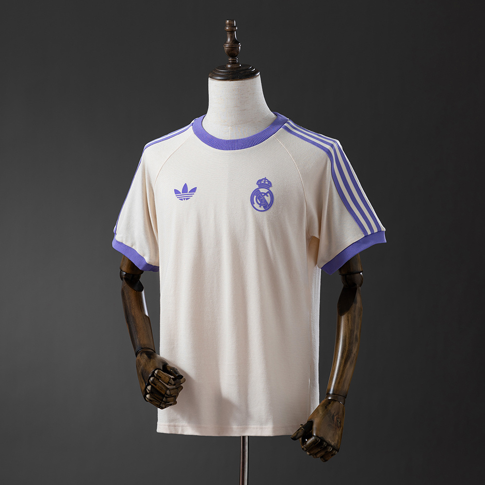 Real Madrid Adidas Originals 3-Stripes Beige T-Shirt – Vintage Replica Football Casual Shirt – S–3XL