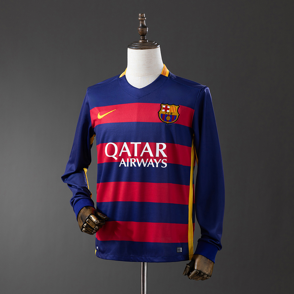 Barcelona 2015/16 Home Long Sleeve Retro Jersey – Vintage Replica Football Soccer Shirt – Size S–XXL