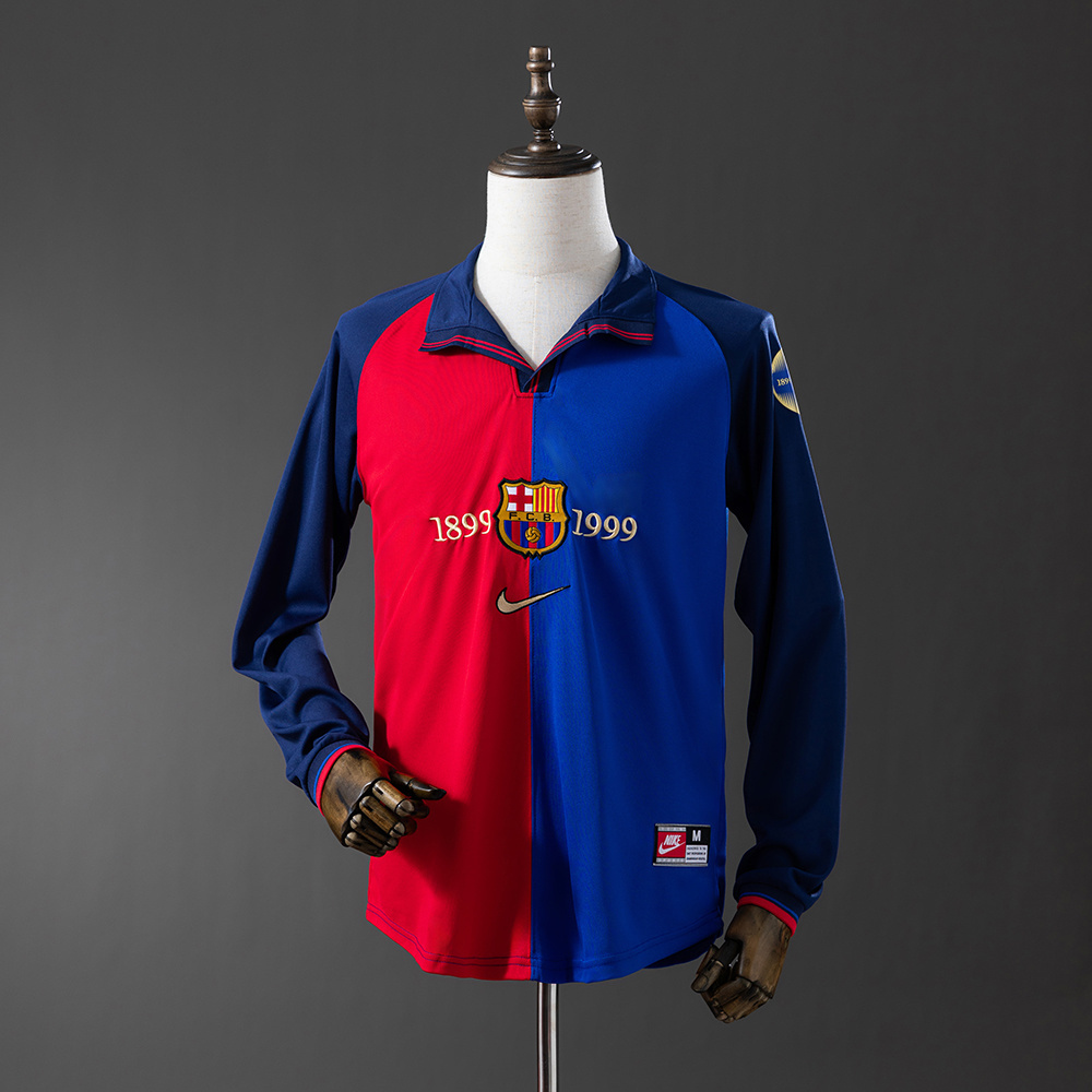 Barcelona 1999/00 Home Retro Long Sleeve Jersey – Vintage Replica Football Soccer Shirt – Size S–XXL