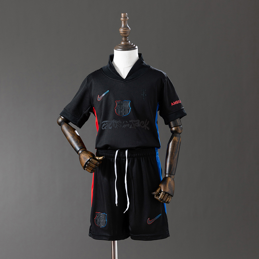 Barcelona 24/25 Away x TRAVIS SCOTT Limited Edition Kids Kit Jersey – Replica Football Soccer Shirt – Size 16–28