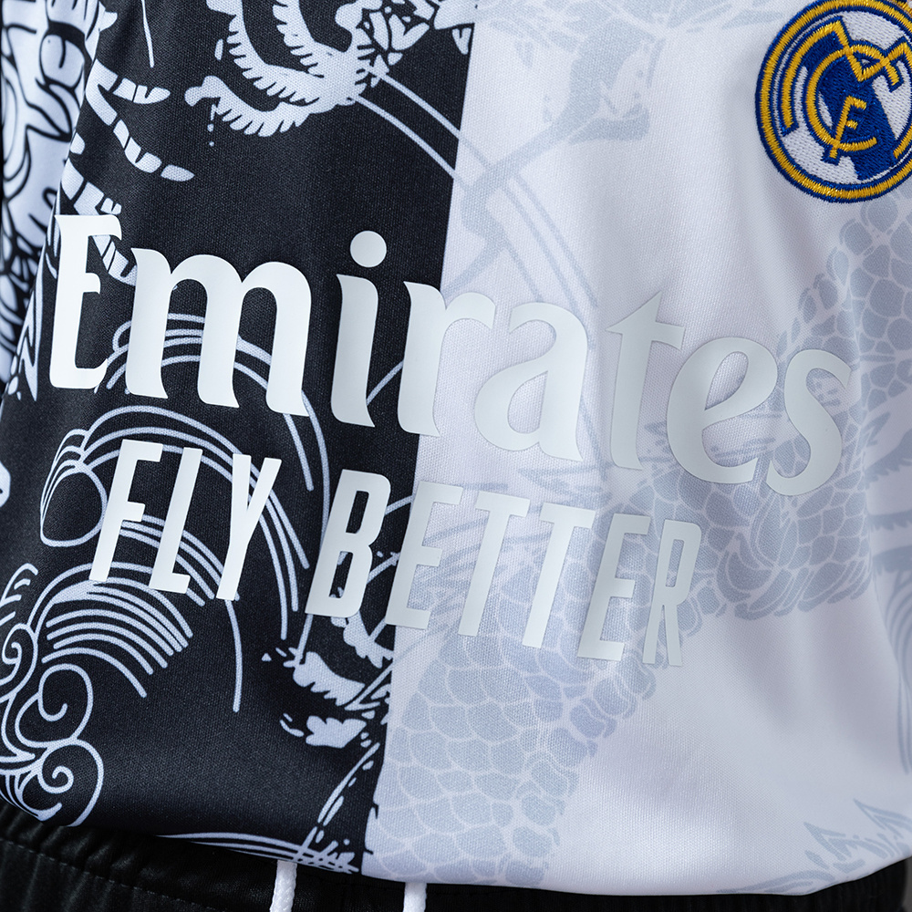 Real Madrid 25/26 Black and White Dragon Special Edition Kids Kit Jersey – Replica Football Soccer Shirt – Size 16–28