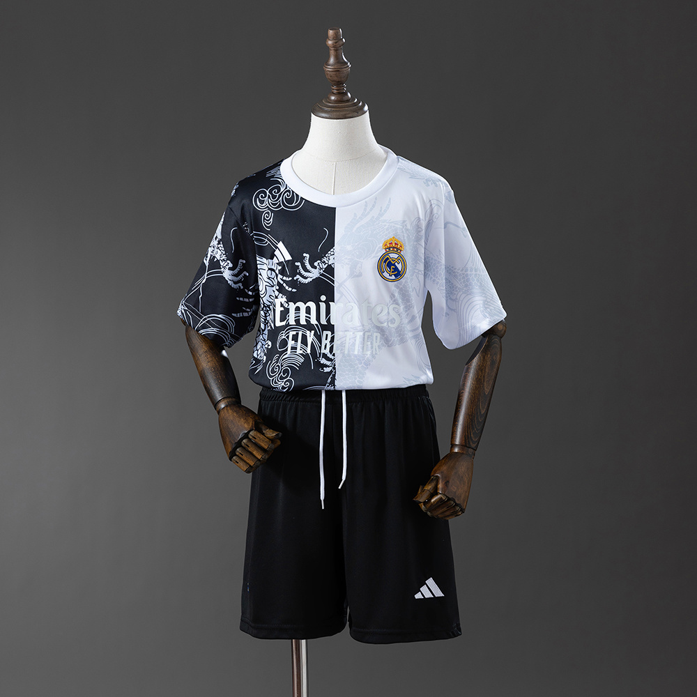 Real Madrid 25/26 Black and White Dragon Special Edition Kids Kit Jersey – Replica Football Soccer Shirt – Size 16–28