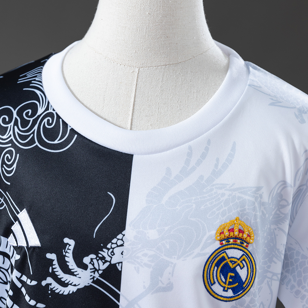 Real Madrid 25/26 Black and White Dragon Special Edition Kids Kit Jersey – Replica Football Soccer Shirt – Size 16–28